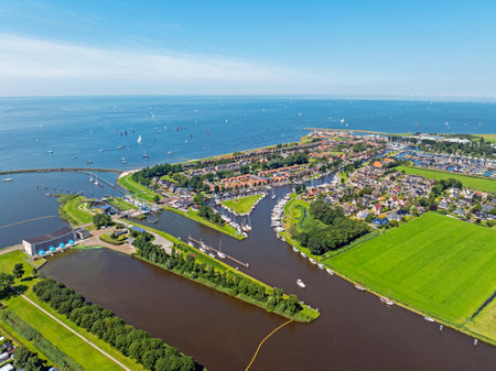 Aerial from the historical city Stavoren at the IJsselmeer in the Netherlandsの写真素材