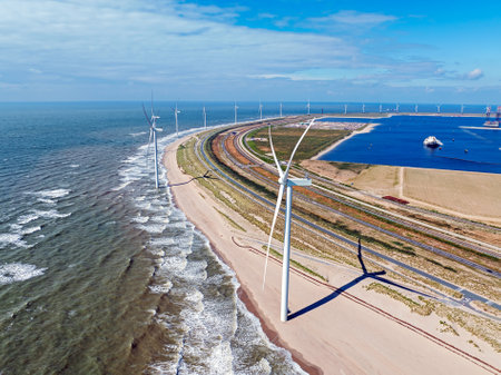 Aerial from wind turbines at the North Sea coast in Zuid Holland the Netherlandsの写真素材
