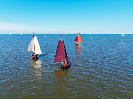 Aerial from ancient wooden ships on the IJsselmer in the Netherlands