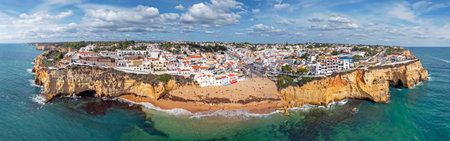 Aerial panorama from the little town Carvoeiro in the Algarve in Portugalの写真素材