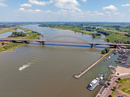 Aerial from the Waal bridge near Nijmegen in the Netherlandsの写真素材
