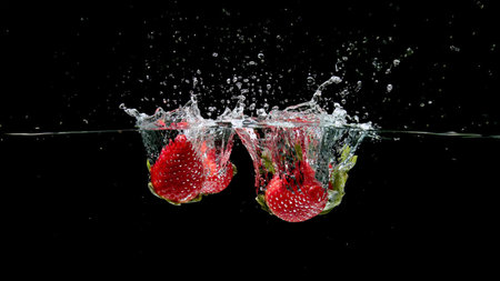 Strawberries plunging into water on a black backgroundの写真素材
