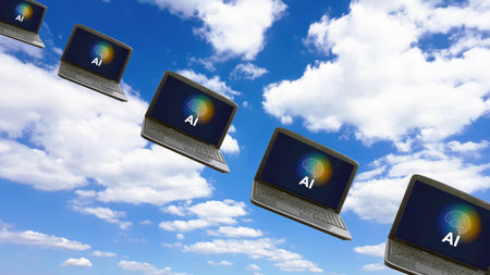 AI Laptops flying along the sky, concept cloud computingの写真素材