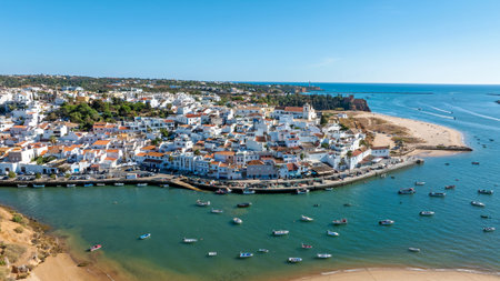 Aerial from the traditional touristic town Ferragudo in the Algarve Portugalの写真素材