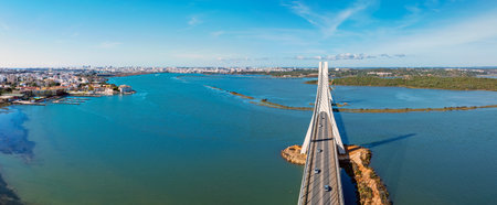 Aerial panorama from the bridge on the N125 and the city Portimao in the Algarve Portugalの写真素材