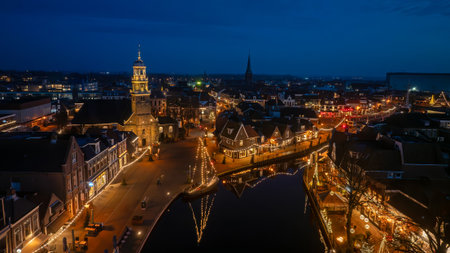 Aerial from christmas in the city Lemmer in the Netherlands at sunsetの写真素材
