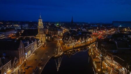 Evening aerial from christmas in the city Lemmer in the Netherlandsの写真素材