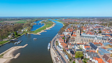 Aerial from the city Deventer at the river IJssel in the Netherlandsの写真素材