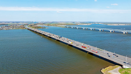 Aerial from the Moerdijk bridge across the river Hollands Diep in Netherlandsの写真素材