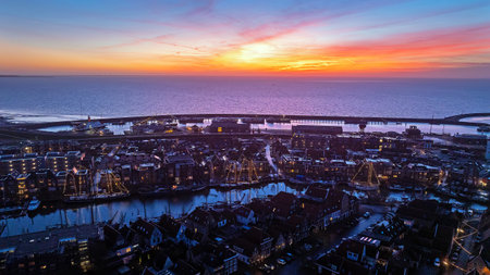 Aerial sunset from the city Harlingen at christmas time in the Netherlandsの写真素材