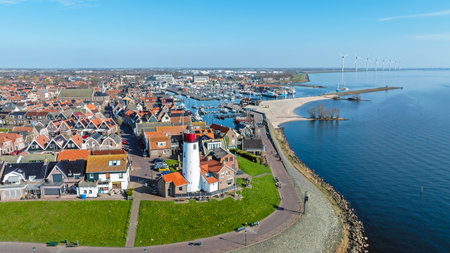 Aerial from the historical town Urk at the IJsselmeer in the Netherlandsの写真素材