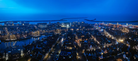 Aerial night panorama from Harlingen at christmas in Friesland Netherlandsの写真素材