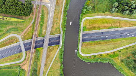 Top down view of aqueduct crossing waterway