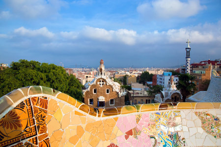Building in Park Guell, view on Barcelona, Spain