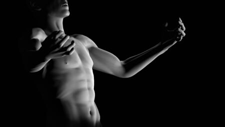 A fit strong man in expressive pose on black. 3dの写真素材