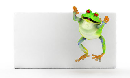 Happy smiling toon frog jumping over a white card, banner