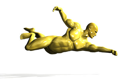 Gold hero man statue in flying pose  Isolated on white
