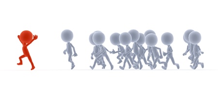 Toon people running in conceptual race, competition. A happy leader. Side viewの写真素材