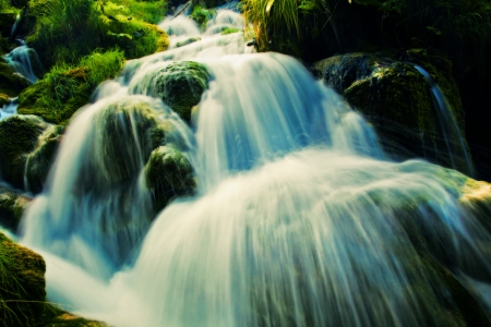 Waterfall in forest. Crystal clear water. Plitvice lakes, Croatiaの写真素材
