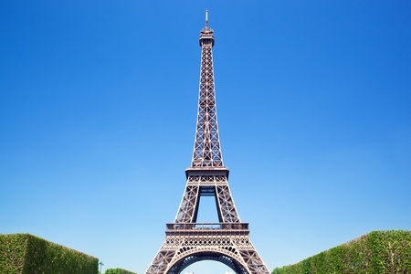 Eiffel Tower seen from Champ de Mars at a sunny summer day, Paris, Franceの写真素材