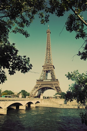 Eiffel Tower and bridge on Seine river in Paris, France  Vintage retro styleの写真素材
