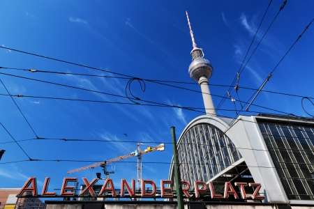 Alexanderplatz sign and Television tower, German Fernsehturm. Berlin, Germanyの写真素材
