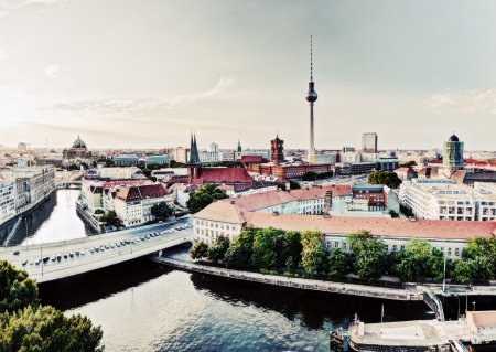 Berlin, Germany rooftop view on Television Tower, Berlin Cathedral, Rotes Rathau and the River Spree - the major landmarksの写真素材
