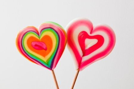 Colorful heart shaped lollipops on grey background  Love, fun, Valentineの写真素材