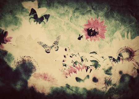 Vintage image of flowers and butterfly at spring summer time. Retro, grunge style texture or backgroundの写真素材