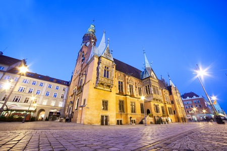 Wroclaw, Poland. The historical Town Hall on market square at night. Silesia region.の写真素材