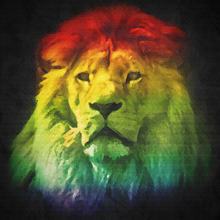 Colorful, artistic portrait of a lion with rich mane on black background. Abstractの写真素材