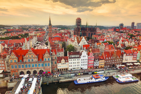 Top view on Gdansk old town and Motlawa river, Poland at sunset. Also known as Danzig and the city...
