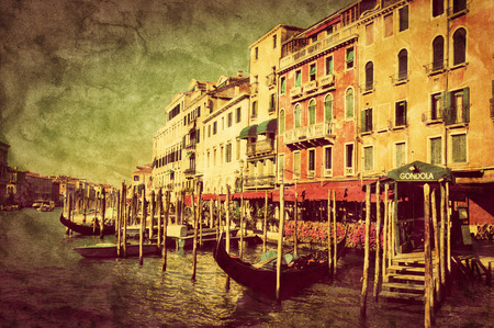 Vintage art of Venice Grand Canal, Italian Canal Grande and gondola small harbor. Retro canvas.のeditorial素材