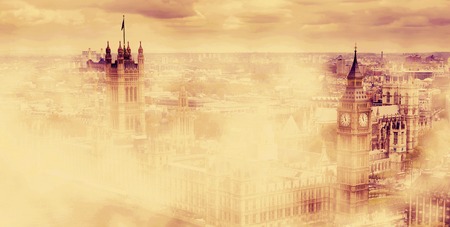 Big Ben, the Palace of Westminster in deep morning fog. London, the UK. Panoramaの写真素材
