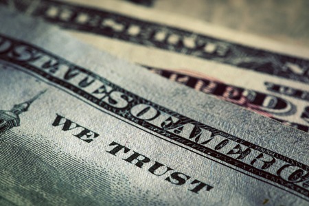 In God We Trust motto on One Hundred Dollars bill. Conceptual, The United States of Americaの写真素材