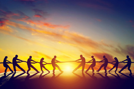 Two groups of people pulling line, playing tug of war. の写真素材