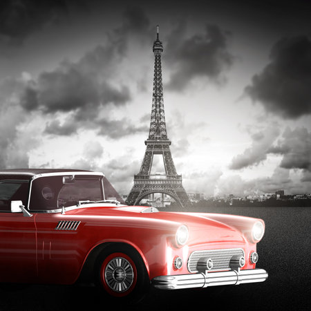Artistic image of Eiffel Tower, Paris, France and red retro car. 