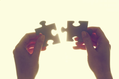 Joining two pieces of jigsaw puzzle. Backlit, isolated on white. Search for the solution, solving...