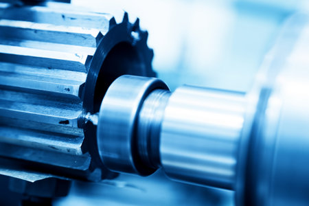 CNC turning, drilling and boring machine at work close-up. Industry, industrial concept.
