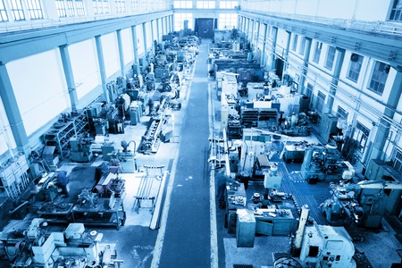 Heavy industry workshop, factory. CNC, boring, threading, drilling machines. Aerial, top view. Blue toneの写真素材
