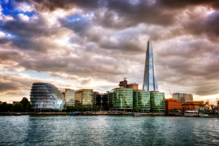 City Hall, the Shard and the More London buildings. London, England the UK. River Thames view at sunsetのeditorial素材