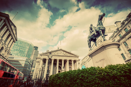 Bank of England, the Royal Exchange in London, the UK. Financial and business heart. Retro, vintage