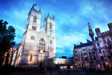 Westminster Abbey church facade at night, London UK. One of the symbols of England, Great Britainの写真素材