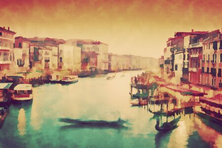 Vintage painting of Venice, Italy. Gondola floats on Grand Canal, Italian Canal Grande at sunset. View from Rialto Bridgeの写真素材
