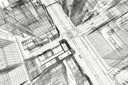 City buildings project, 3d wireframe print, design. Architecture, urban plan, real estate industry