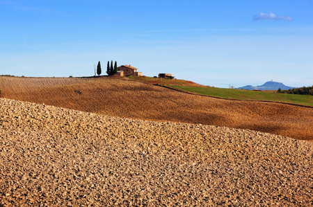 Tuscany landscape. Field, farm house among cypress trees. Italy. Blue sunny skyのeditorial素材