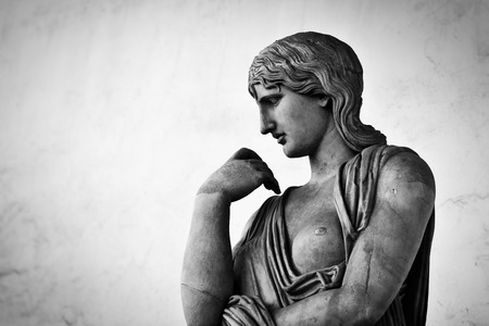 Ancient style sculpture of Menelaus supporting the body of Patroclus in Loggia dei Lanzi in Florence, Italy. Black and white, head close-upの写真素材