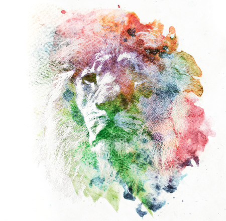 Watercolor painting of lion. Abstract, colorful art. Uniqueの写真素材