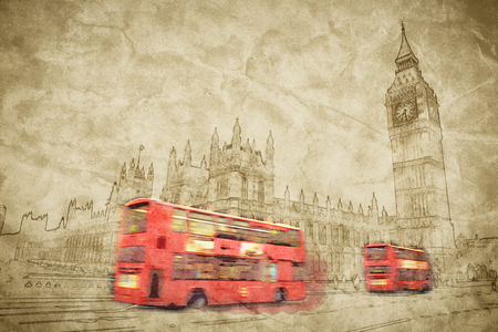 Artistic digital drawing of London, the UK. Red bus in motion and Big Ben, the Palace of Westminster. The icons of England in vintage, retro styleの写真素材