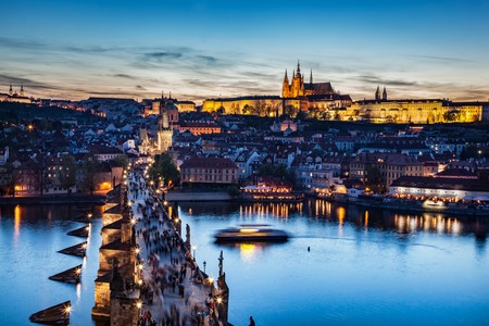 Charles Bridge on Vltava river in Prague, Czech Republic at late sunset, night. View on Prague Castle, Hradcanyのeditorial素材